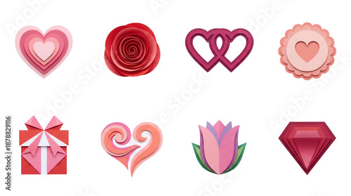 Paper craft romantic set including hearts, rose, gift box, tulip, and diamond shapes isolated. Valentine and wedding decorative elements.