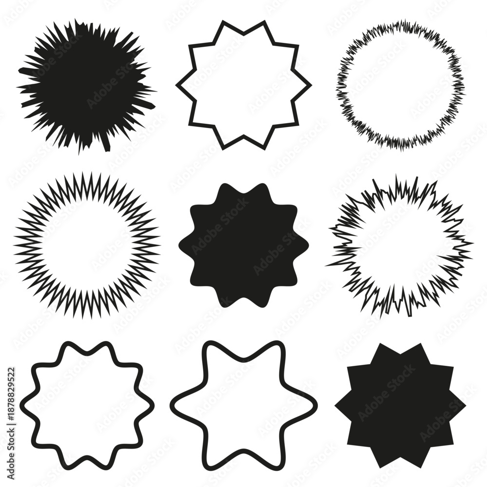 Fototapeta premium Jagged circle set. Sticker frame vector. Starburst badge shape. Geometric label art.