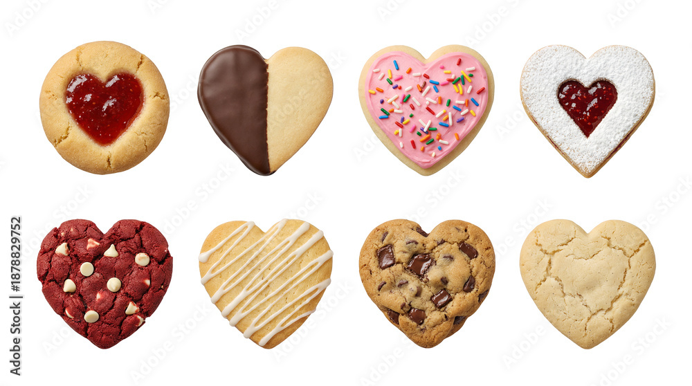 Fototapeta premium Heart shaped cookie set including jam filled, chocolate dipped, sprinkled, red velvet, and chocolate chip variants. Valentine's day bakery and sweet dessert collection.