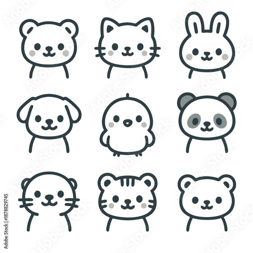 Kawaii animals in cute black lines, perfect for kids illustrations, stationery design, and childrens room decor. Charming and adorable.