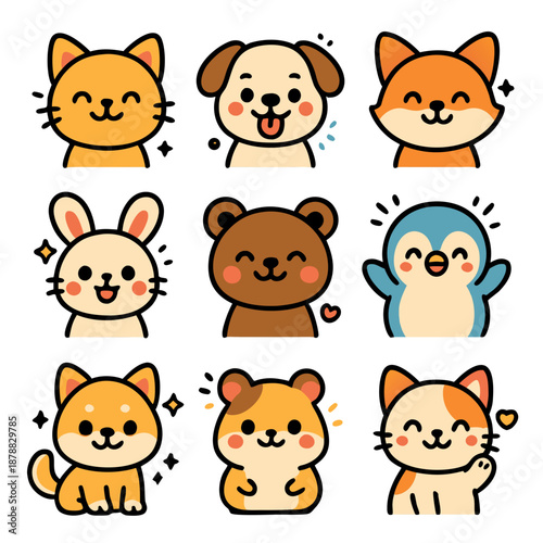 Kawaii animals including cat and bear, suitable for childrens designs, stationery, products, and any cutethemed projects. Whimsical and charming.