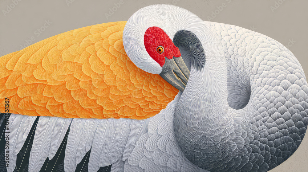 Obraz premium Minimal illustration on cream background: crane close up is preening its feathers, long neck curved. Plumage detailed via simple strokes. Red oval around eye. No habitat clutter. Endangered animals.