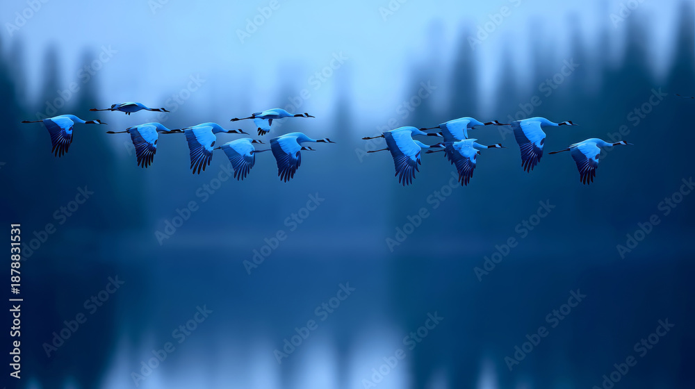 Fototapeta premium Flock of Siberian cranes takes flight from frozen marshland at dawn. Their synchronized wingbeats stirring frost crystals into sparkling clouds. Wildlife. Endangered animals.