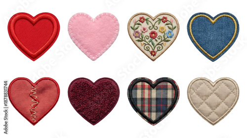 Heart fabric patches set including denim, embroidered floral, quilted, felt, and plaid textile styles isolated. Craft and valentine scrapbooking collection.