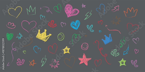 Colorful funky hearts, crown and star scrapbook stickers set.