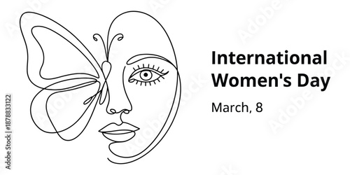 International women's day line art with woman's face and butterfly