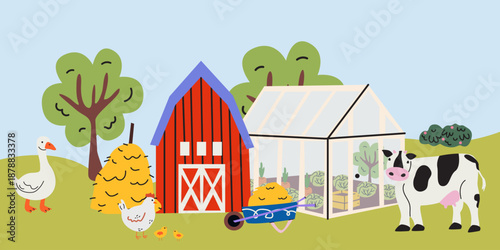 Village background with greenhouse, barn, hay, farm animals, nature. Farmland, goose, chicken, cow. Vector illustration in flat cartoon style
