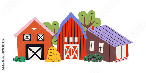 Farm vector illustration. Various rural houses, barns, different trees, hay. Farmland banner. Village background in cartoon flat style