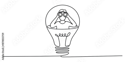 Person inside a light bulb using binoculars to symbolize the search for new ideas and vision