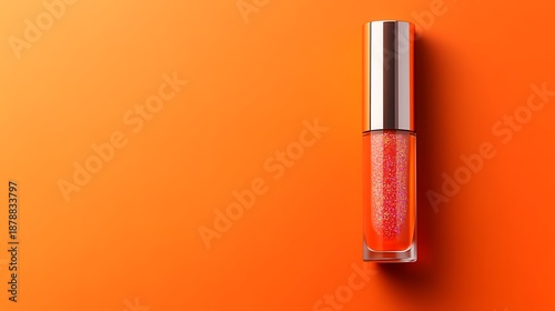 Sparkling coral lip gloss with shimmering particles in a clear glass tube capped with a sleek metallic silver lid casting a subtle shadow on a vibrant solid orange background