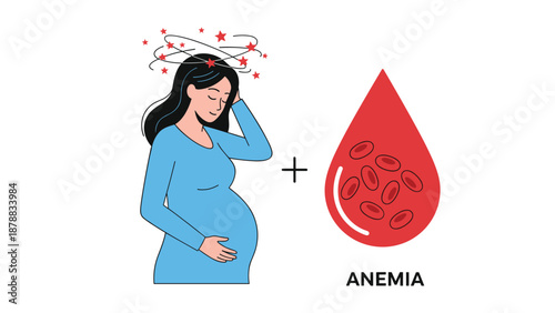 Pregnant woman feeling dizzy from anemia, illustrated with a symbolic drop of blood showing a low count of red blood cells.