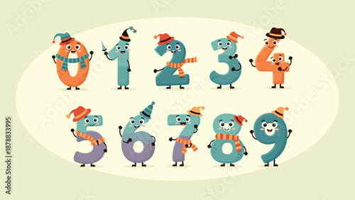 Cute cartoon numbers from zero to nine wearing colorful winter hats and scarves, depicted as cheerful characters for children's educational materials.
