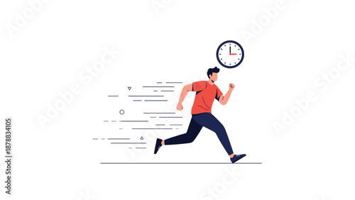 Young man running fast with a clock in the background, illustrating the concept of deadlines, time management, and racing against time.