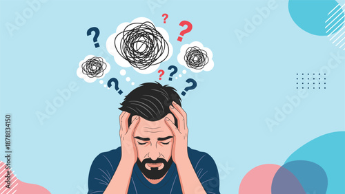 Anxious man holding his head with tangled thoughts and question marks in bubbles above, symbolizing stress, confusion, and mental health issues.