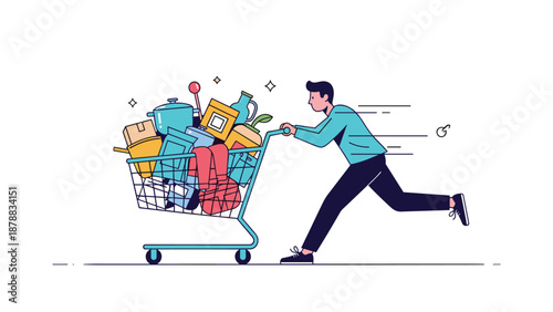 Man running and pushing a shopping cart overflowing with groceries, illustrating panic buying, fast delivery services, or a major shopping spree.