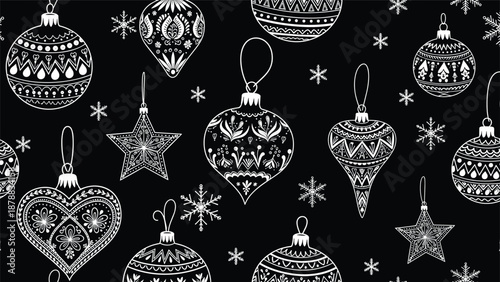 Seamless black and white pattern of intricately decorated Christmas ornaments and snowflakes in a folk art style, perfect for holiday gift wrap or fabric.