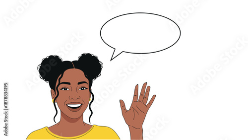 Friendly and happy young Black woman with her hair in space buns waving hello, with a blank speech bubble for custom text or dialogue.