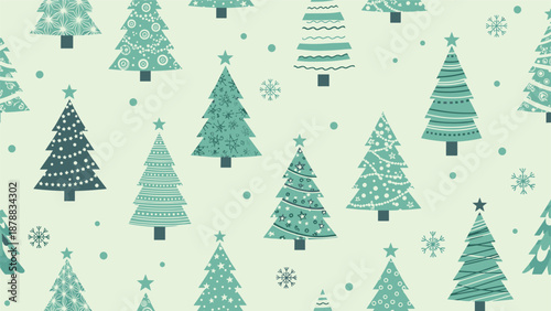 Seamless winter holiday pattern with cute, stylized Christmas trees and snowflakes in shades of teal on a light green background for festive decor.