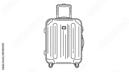 Detailed line art illustration of a modern hard-shell suitcase with four wheels and a retractable handle, perfect for travel and vacation designs.
