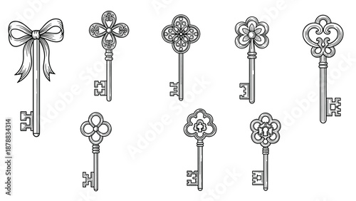 Set of nine vintage skeleton keys with ornate and decorative tops, including floral designs and a bow, drawn in a detailed engraving style.