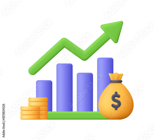 Financial growth chart with green upward arrow, coins and money bag. Finance, profit, investment, success, savings and economic growth concept. 3d vector icon. Cartoon minimal style.