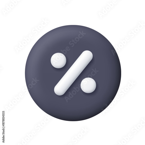 White percent symbol on black circle button. Percentage, discount, sale, promotion, financial calculation concept. 3d vector icon. Cartoon minimal style.