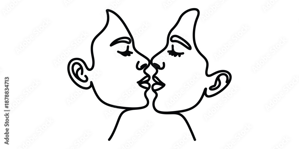 Fototapeta premium Two minimalist faces in black and white line art sharing an intimate kiss