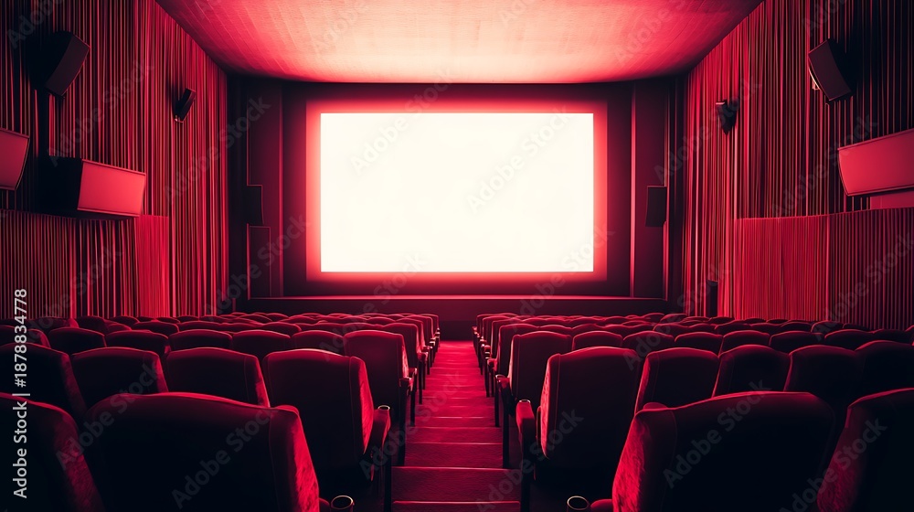 Fototapeta premium Empty cinema theater with red seats and screen for film presentation