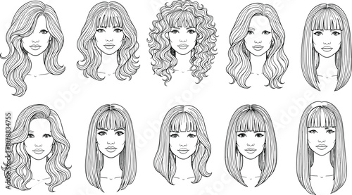 Hand drawn vector line art illustration, set of ten different women hairstyles, bangs, curls, waves, straight hair, beauty salon, hair care, fashion design.