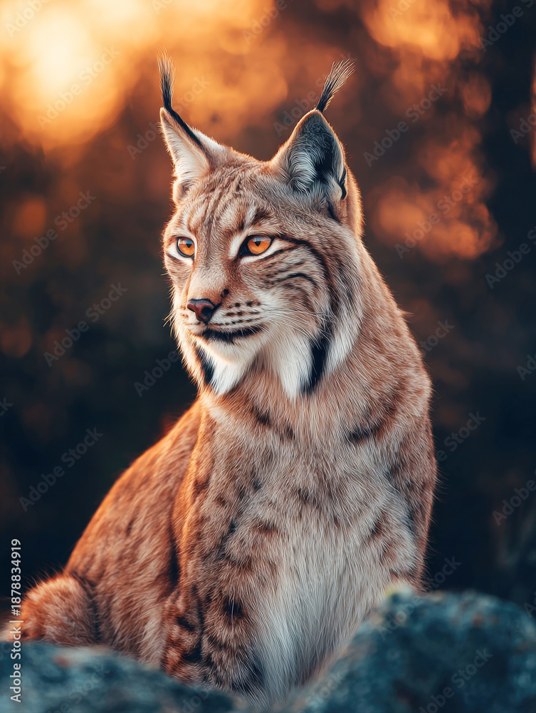 Obraz premium A majestic European lynx with tufted ears and beautiful spotted fur sits gracefully on a rocky outcrop during a golden hour sunset, looking alertly into the distance in its natural wild forest habitat