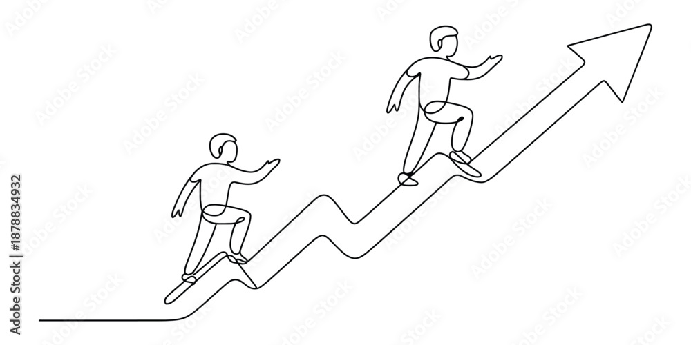 Fototapeta premium Continuous line drawing of two individuals scaling an upward arrow, symbolizing growth and overcoming business challenges