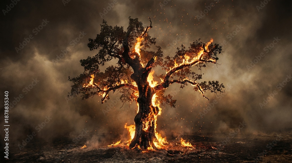 Fototapeta premium Burning tree on fire surrounded by smoke in dark environment 