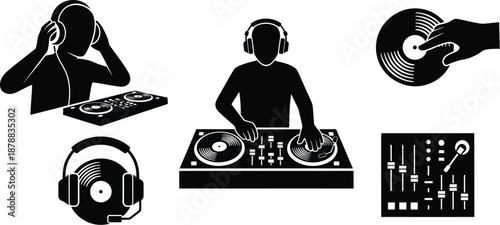 Deejay on the beats. Disc jockey (DJ) mixing music on turntables. 