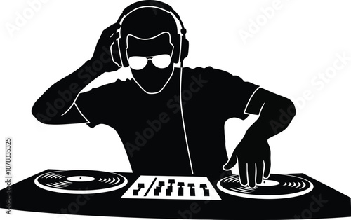 Deejay on the beats. Disc jockey (DJ) mixing music on turntables. 