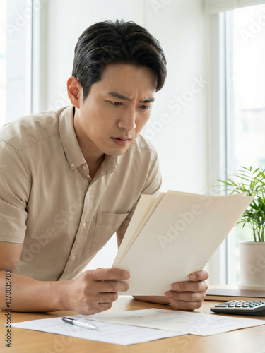 고지서를 보며 걱정하는 남성 · Worried Man Reviewing Bills With Calculator at Home