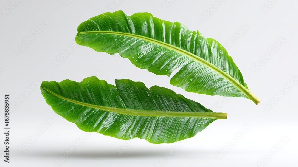 Obraz premium Two vibrant banana leaves floating in the air, isolated against a clean white background, showcasing rich green colors and smooth textures with ample copy space for design purposes