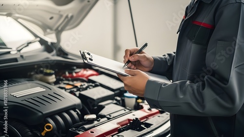 Mechanic checking car engine with clipboard and dipstick in hand