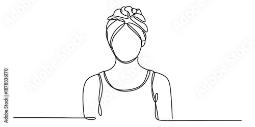Elegant continuous line art of a woman in a towel turban, symbolizing self-care and relaxation