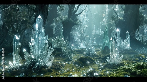 A gargantuan forest of translucent obsidian and diamond trees. Generative AI.