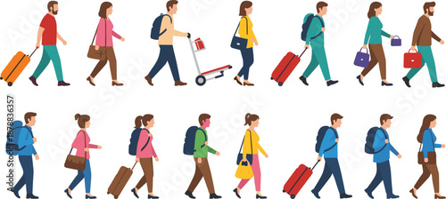 People walking with luggage and backpacks illustration set showing travelers, commuters, and tourists in flat vector style for travel, business, and lifestyle design projects