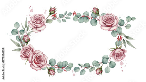 Watercolor dusty pink rose and eucalyptus greenery frame. Elegant floral border for wedding invitation and save the date card. High quality illustration.