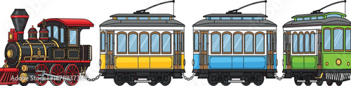 Vintage train illustration with steam locomotive and colorful tram cars connected together, classic railway transport concept, retro travel and urban transit in flat vector style