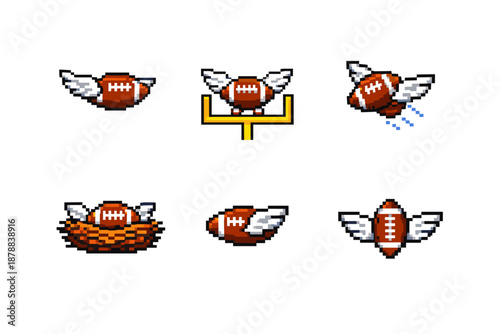 Pixel art flying football with wings and game elements