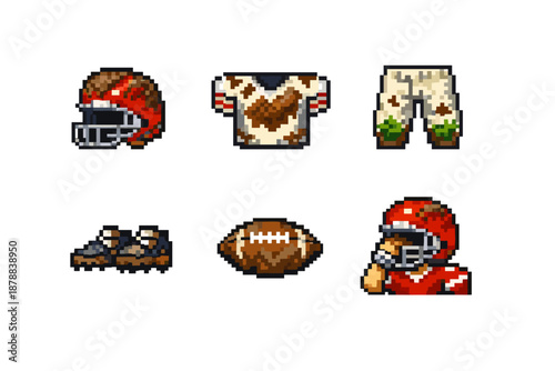 Pixel art American football player and equipment collection