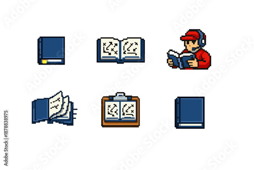 Pixel art playbook icons: coach, book, clipboard, and actions