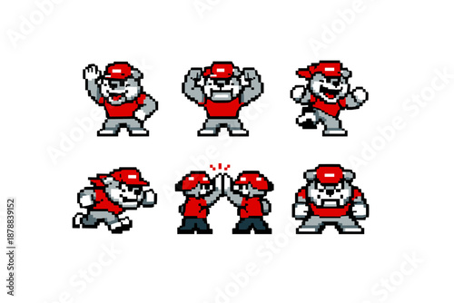 Pixel art bulldog mascot in six classic video game poses