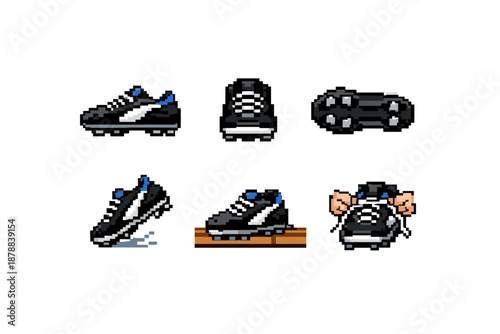 Pixel art football cleat sprite sheet with six poses