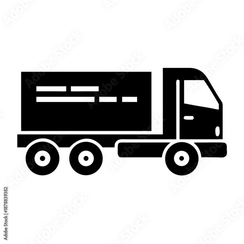 Black silhouette icon of a delivery truck for cargo transport and logistics