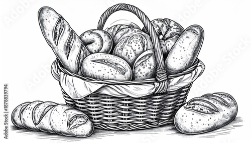 Basket of Bread - A Detailed Black and White Illustration.