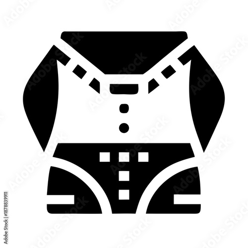 A black glyph icon representing a baby onesie or infant bodysuit with a collared top and button details